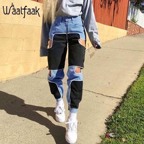 

waatfaak black blue cargo pants women casual zipper up casual trousers fitnes high waist patchwork pocket joggers cut out 201031, Black;white