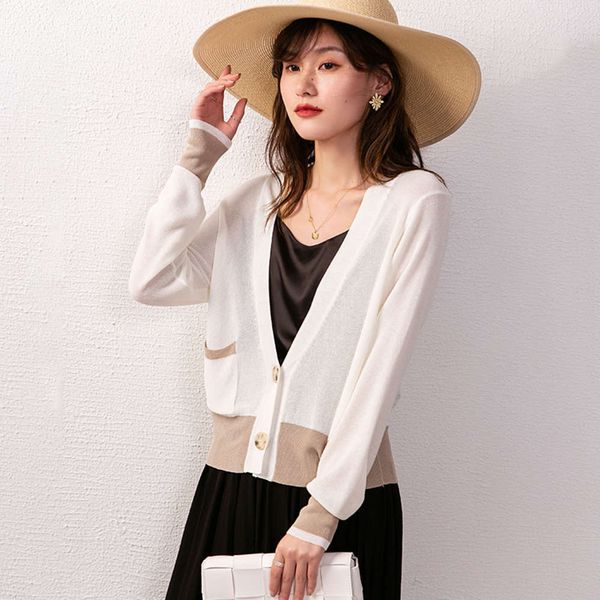 

cool summer 2020 new french fashion color contrast breathable knitted cardigan women's lightweight s top, White;black