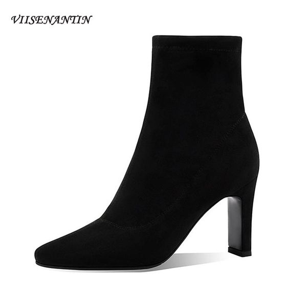 

pointed toe short tube stretch flockboots women thick heel new style single boots 8cm plus velvet fashion high heel ankle boots, Black