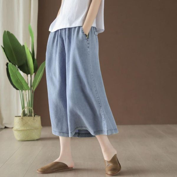 

qpfjqd women summer loose tencel wide leg pants elastic waist cotton denim trousers spring autumn casual ladies jeans light blue