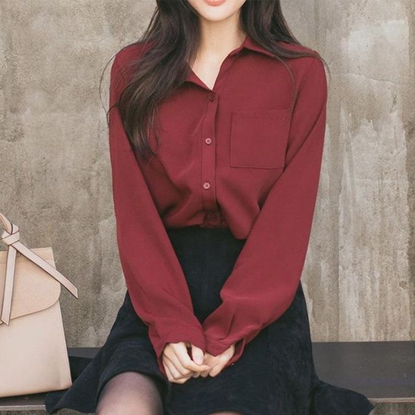

2019 women shirts blouses long sleeve turn-down collar solid ladies blouse office style1, White