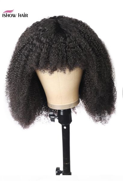 

ishow afro kinky curly short bob wigs straight human hair wigs with bangs loose deep body peruvian none lace wigs indian hair malaysian, Black;brown