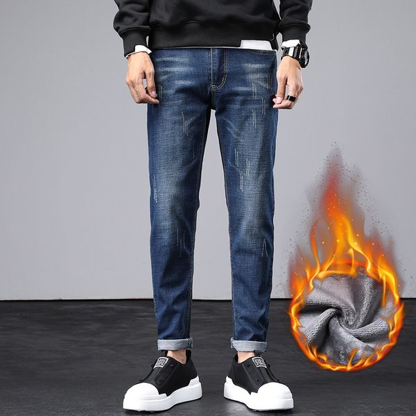 

2020 plush and thickened jeans korean slim leggings elastic friendly winter warm men's pants, Blue