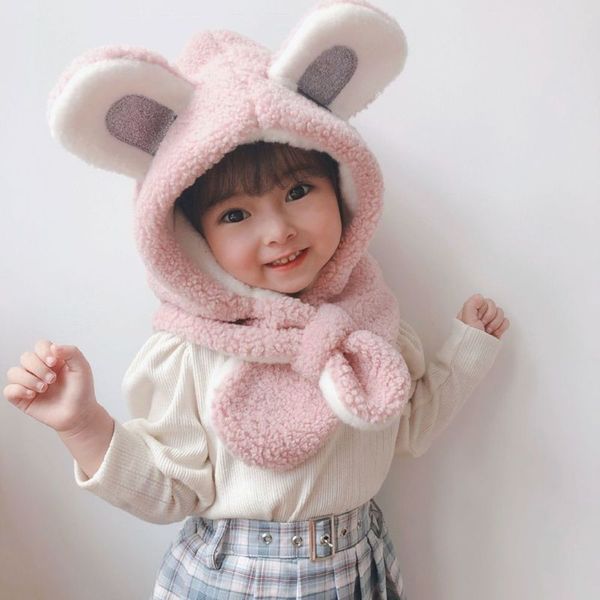 

winter pure autumn color imitation rabbit children's korean cartoon baby bib cute boys and girls plush one hat, Red;brown