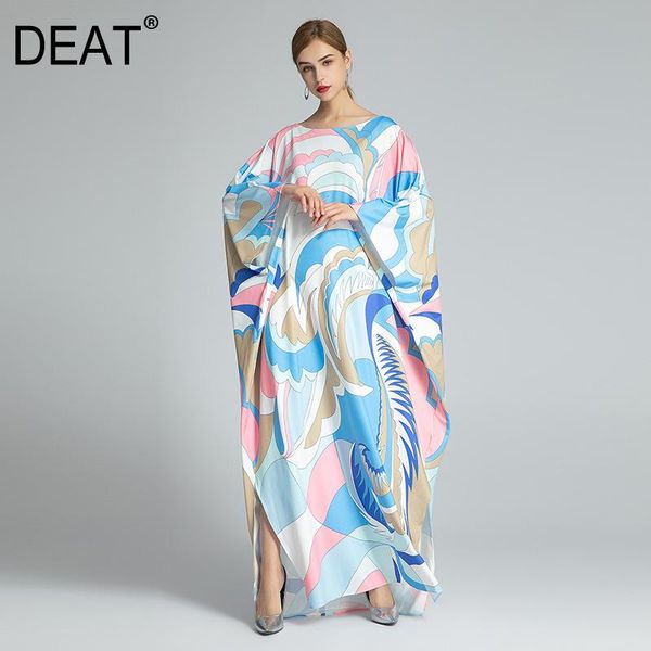 

casual dresses [deat] 2021 autumn fashion women dress bohemian print bat sleeve round collar large size floor long length slik tx615, Black;gray
