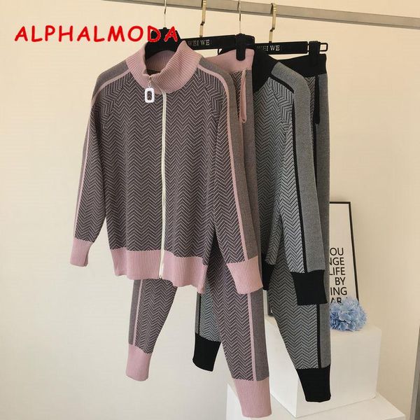 

alphalmoda autumn new women knitting tracksuit zipper cardigans + pants female winter fashion design 2pcs sports set, White