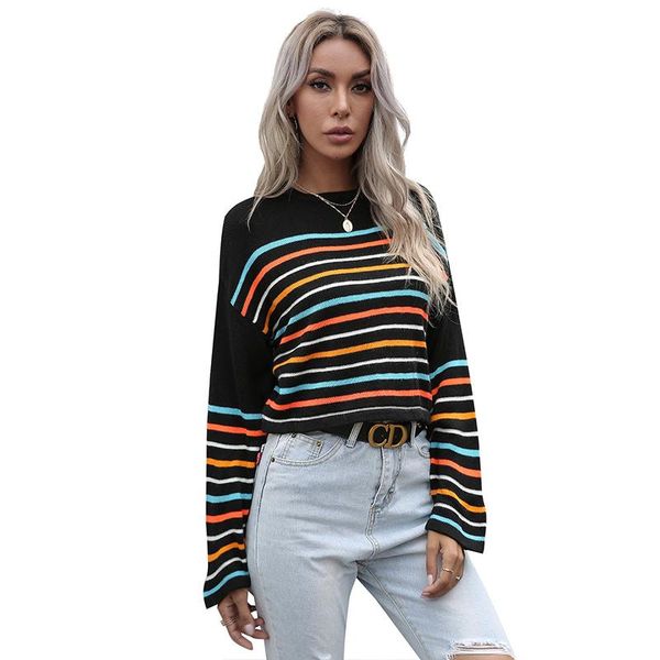 

women color striped sweater ladies new style 2021 spring rainbow patchwork fashion oversized pullover female o neck knit shirt, White;black