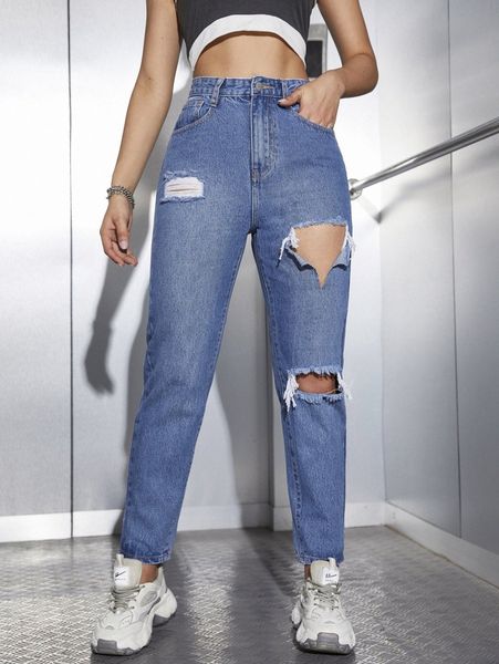 

high waist ripped jeans o9l2#, Blue