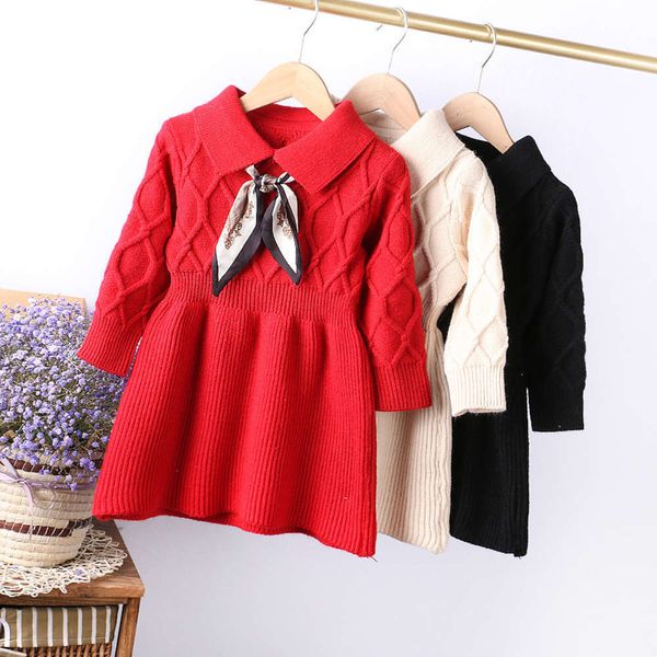 

winter new year skirt korean 2020 foreign silk scarf tie girls' knitted lapel children's wool drs, Red;yellow