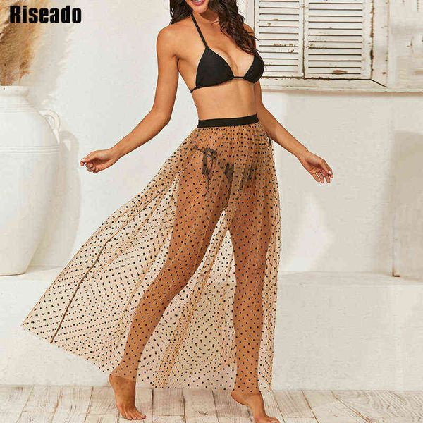 

riseado dot print beach outing mesh bathing suits with skirt long dress women beach swimsuit summer swimwear cover up, White;black