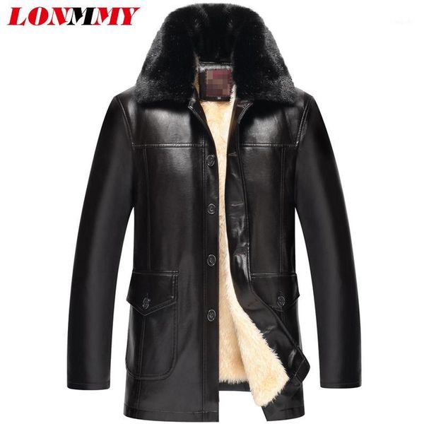 

lonmmy 52-62 black leather coats men outerwear long style fur collar leather jacket men velvet liner windbreaker 2018 winter1
