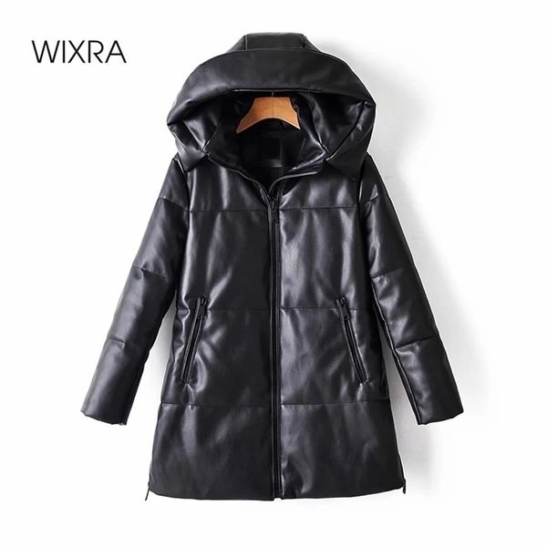 Wixra Solid PU Giacca di cotone in pelle con cappuccio Moda donna Cappotti lunghi in pelle da donna Giacche spesse impermeabili Donna Inverno 201226