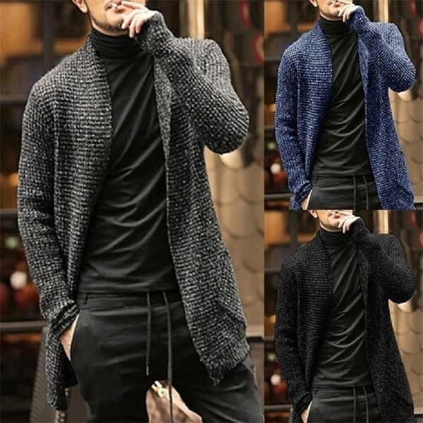 Cardigan Masculino Homens Outono Mens Longo Camisola Jaqueta Casual Slim Fit Trench Knitwear Suéter Streetwear Tops Gray 201210