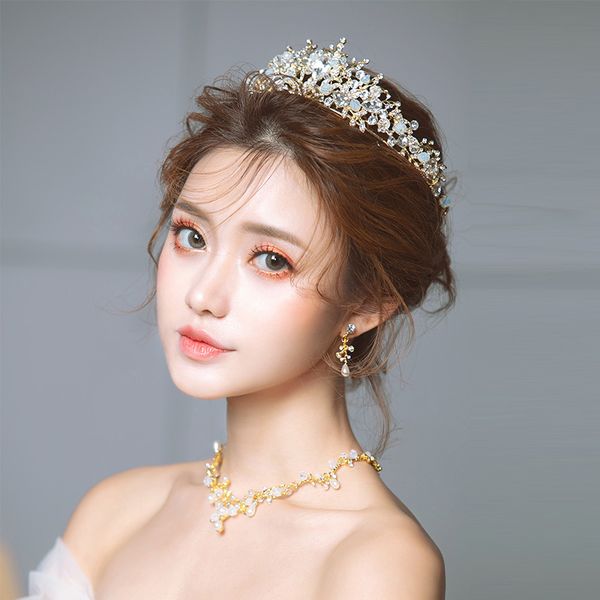 

bridal headdress, necklace, earrings, three piece wedding dress, crown, forest, xianmei, chaoxian, hairband, jewelry, female, Silver