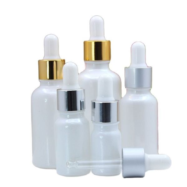 Pérola vazia branca de vidro essencial gotas de óleo de gotas de ouro brilhante anel de prata branco top 5ml 10ml 20ml 30ml 50ml embalagens cosméticos embalagens de enchimento