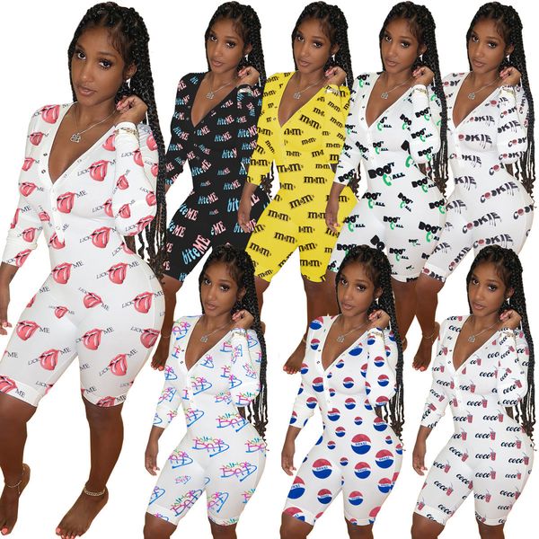 

designer women jumpsuit v-neck printed onesies long sleeve home wear slim rompers fashion casual clothing new 2020, Black;white