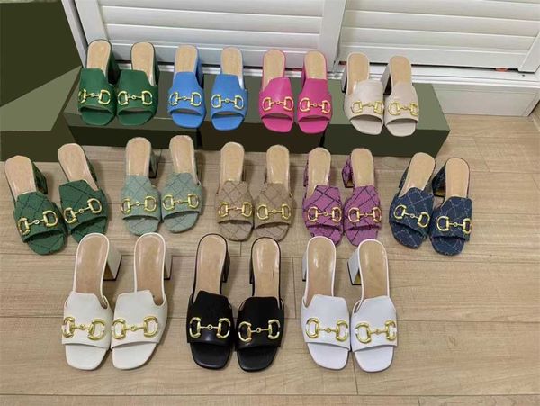 

designer women high heels sandals fashion square toe slippers horsebit gold- toned slides party wedding pumps with box, Black
