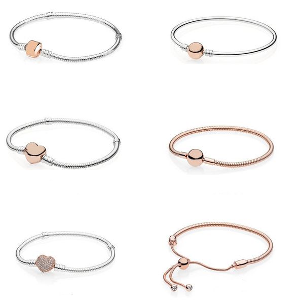 

luxury fashion 925 sterling silver snake chain jewelry women 18k rose gold zircon heart-shaped bracelet fit pandora pendant with beads, Black