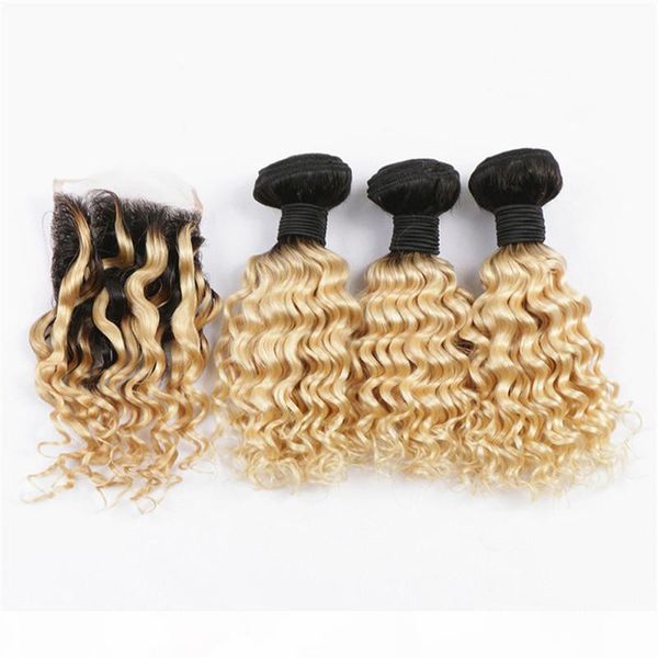 

peruvian virgin human hair deep wave wavy 3bundles blonde ombre weave with closure #1b 613 ombre blonde hair wefts with 4x4 lace closure, Black;brown