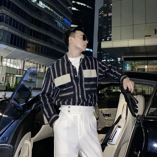 

daio ethan korean men's collar casual stripe versatile shirt work clothes pocket coat backing