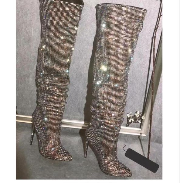 

glitter rhinestone drilled over knee boots women thin high heel boots pointed toe ladies bling bling crystal thigh boots, Black