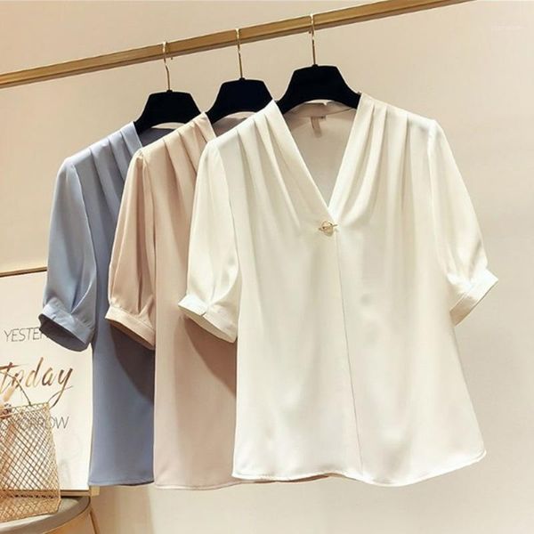 

women chiffon shirts v neck short sleeves casual for summer spring aic881, White
