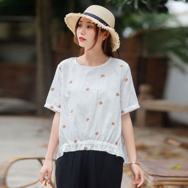 

ujcjo 2020 летний стиль вышивки работает этническая daisy футболка хлопок и хлопок linenethnic и linenlinen женские вышитые 5756 tshis, White