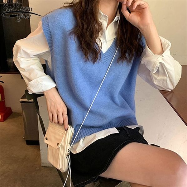 

autumn and winter korean style v-neck knitted pullovers knitwear solid color sleeveless vest sweaters womens 10896 y201128, Black;white