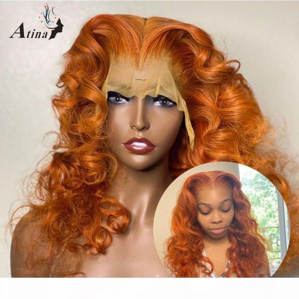 

250 density orange colored human hair wig bleach knots remy brazilian wavy hd transparent lace wig for black women atina, Black;brown