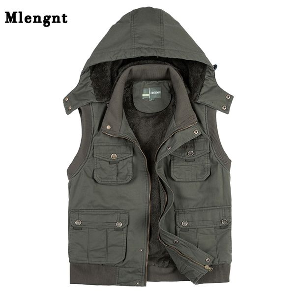 Fleece Hoodie Multi Pocket Heren Vest Voor Winter Autun Mannelijke Dikke Warme Parka Reizen Kaki Mouwloos Vest Met Veel Zakken 201126