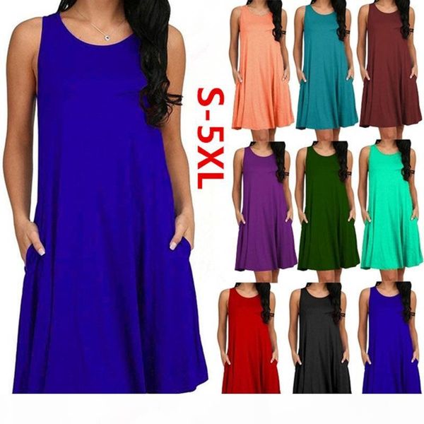 

women casual summer dress plus size o-neck tank loose clothing side pocket fashion ladies solid sleeveless dresses 5xl mx190725, Black;gray