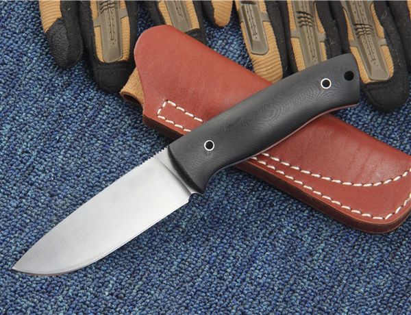 Hochwertiges gerades Survival-Messer mit D2-Satin-Drop-Point-Klinge, Full-Tang-G-10-Griff, Messer mit feststehender Klinge und Lederscheide