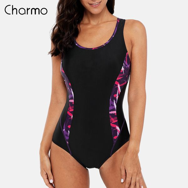 Charmo Tek Parça Kadın Spor Mayo Spor Mayo Renk Blok Baskı Monokini Plaj Mayo Bikini Fitness Vücut Takım T200708