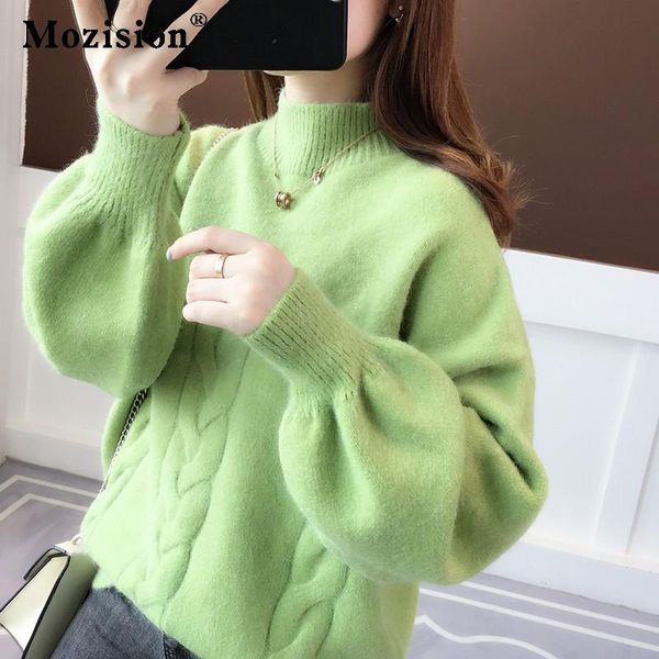 

mozision turtleneck knitted sweater women solid lantern sleeve loose knitwear female korean style thicken warm pullover top, White;black