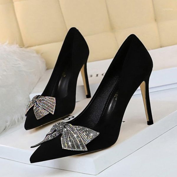 

fashion shoes nightclub show thin heel high suede shallow mouth pointed water drill bow single shoes women1, Black