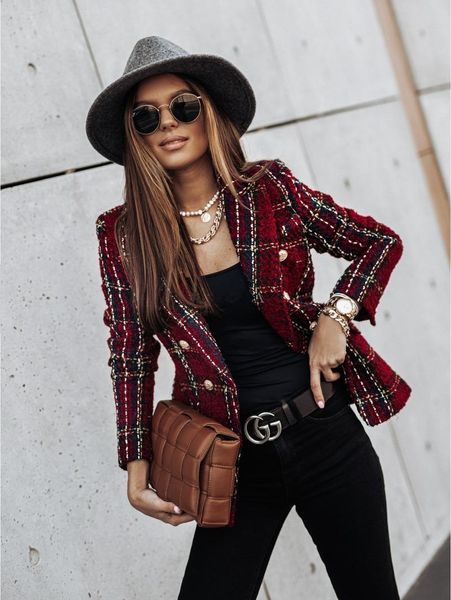 

double breasted blazers women casual plaid coats slim fit ladies 2020 retro notched outwear for woman fall winter chic blazer, White;black