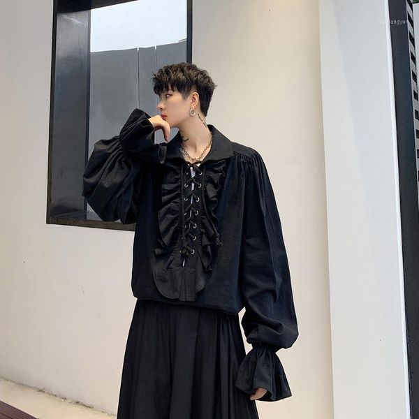 

plus size oversized front ruffles lace-up string gothic long sleeve shirt men blouse streetwear hip hop tee punk japanese1, White;black
