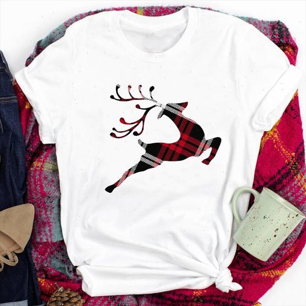 

merry christmas plaid deer print t shirt women short sleeve o neck loose tshirt summer women tee shirt camisetas mujer, White