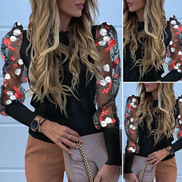 

fashion women puff long sleeve shirts see-through sheer mesh blouse 1, White
