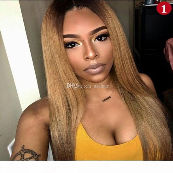 

1b 27 blonde ombre lace frontal wig 13x4 lace front human hair wigs straight glueless pre plucked black remy hair for women, Black;brown