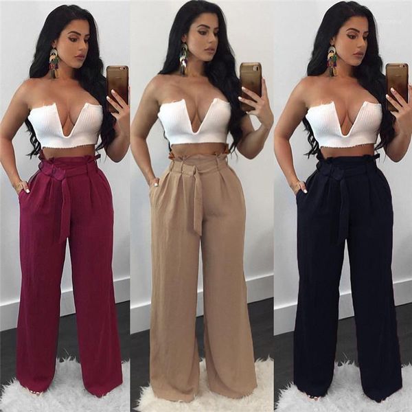 

fashion women high waist pants ruffles bow belt lady trouser denim look wide leg long pants 2020 female all-matching1, Black;white
