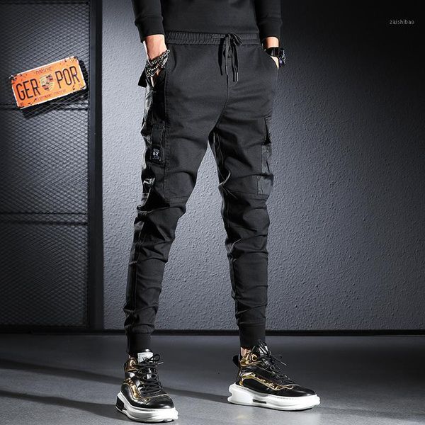 

black casual pencil pants fashion slim elastic waist drawstring trousers1
