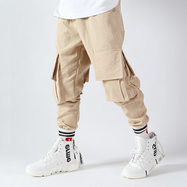 

color, basic multi-pocket cargo pure cotton casual smallfoot pants, vintage pants big yards men's trousers, Black