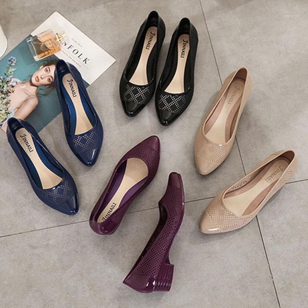 

rhombus hollow-out hole shoes women solid slip on pvc pointy toe sandalias mujer chunky med high heels sandals femme jelly shoes1, Black