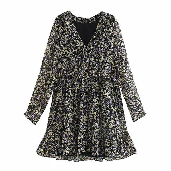 

2021 new floral print mini women chiffon long sleeve v-neck ruffle dress woman fashion button loose casual laddies dresses 6dcg, Black;gray