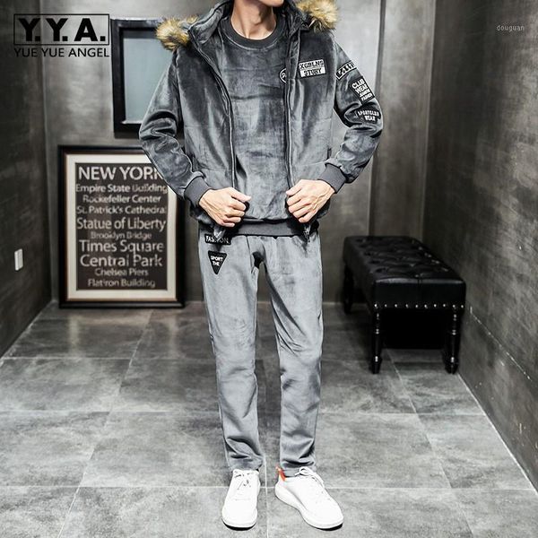 

winter warm velvet sport suit men casual fur hooded vest 3 piece set pullover sweatshirt elastic waist pants set oversize 4xl1, Gray