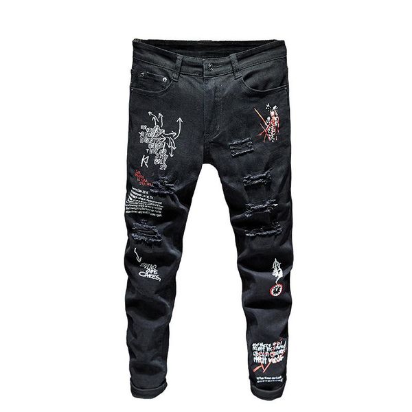 

mcikkny high street men ripped pleated jeans trousers black printed denim trousers for male graffiti washed, Blue