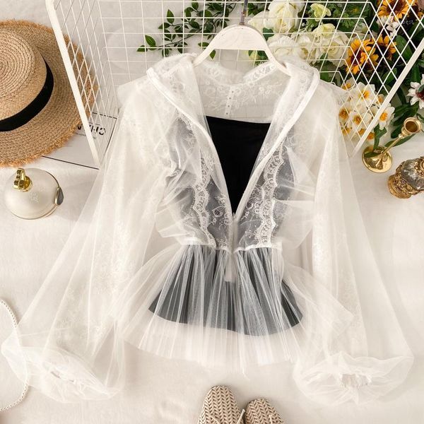 

women lace skinny shirt long lantern sleeve stand collar mesh shirts trend 2020 see through elegant short blouse1, White
