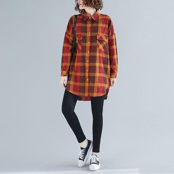 

loose large size slim mid-length retro plaid shirt, White