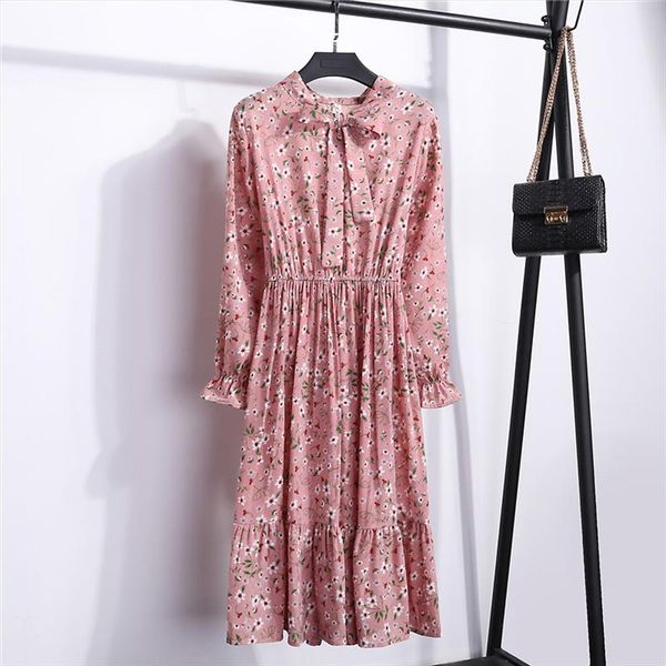 

elegant dress flower print long sleeve bow high waist shirt dress 2020 women casual spring vintage summer midi vestidos, Black;gray